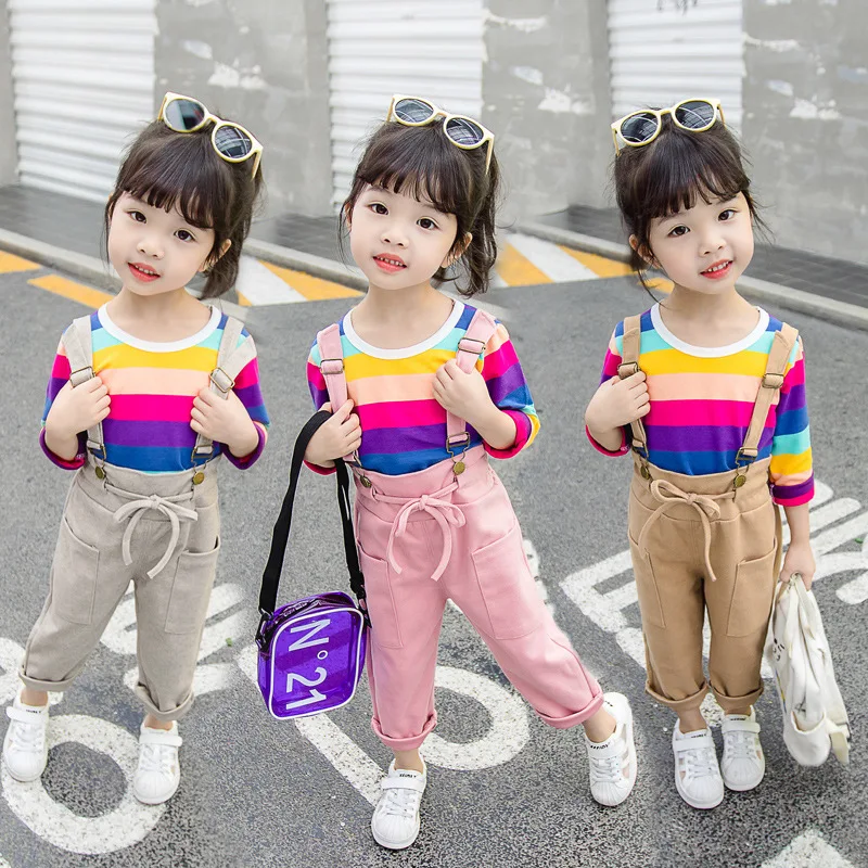 

2019 New Girls' Overalls Set Baby GIRL'S Article Rainbow Long-sleeved Upper Garment Suspender Trousers Two-Piece Set Childrenswe