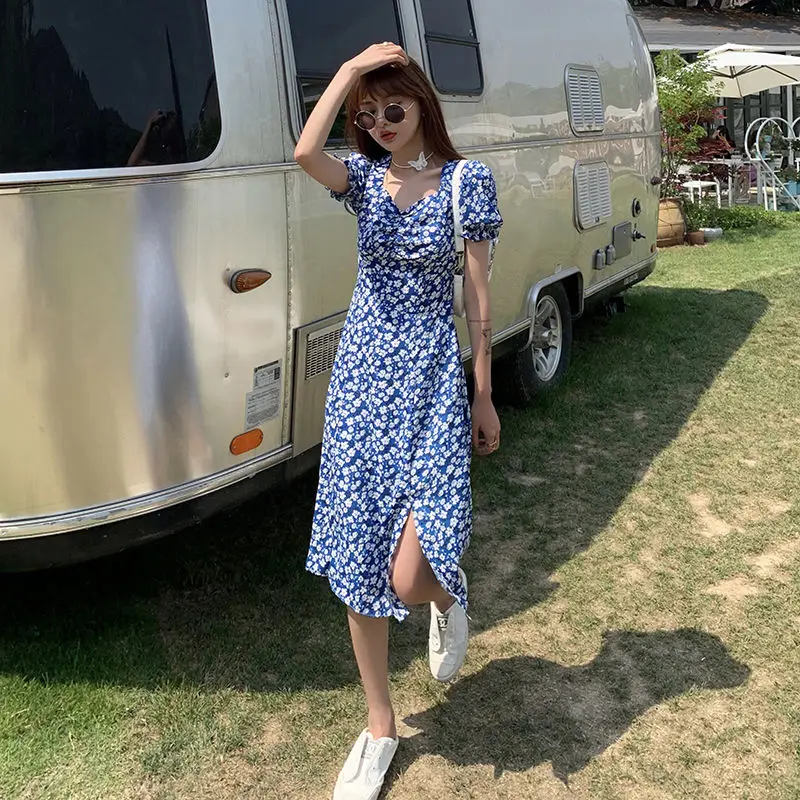 Dress Women Short Sleeve Midi Maxi Retro Printing Side-slit Sexy Skinny Elegant Chiffon Holiday Chic Trendy Tunic French Romance semi formal dresses Dresses