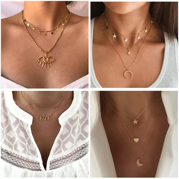 

New bohemian Multilayer Stars moon Women Pendants Necklace 2020 Fashion Vintage heart Charm Gold Choker Party Necklace Jewelry