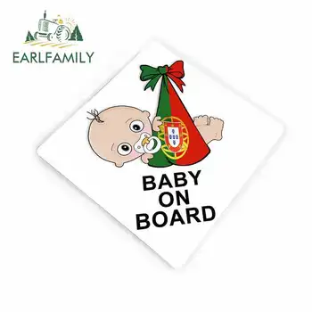 

EARLFAMILY 13cm x 12cm Car Sticker Personalized Baby on Board Portuguese Flag White Car Windscreen Sticker Graphic