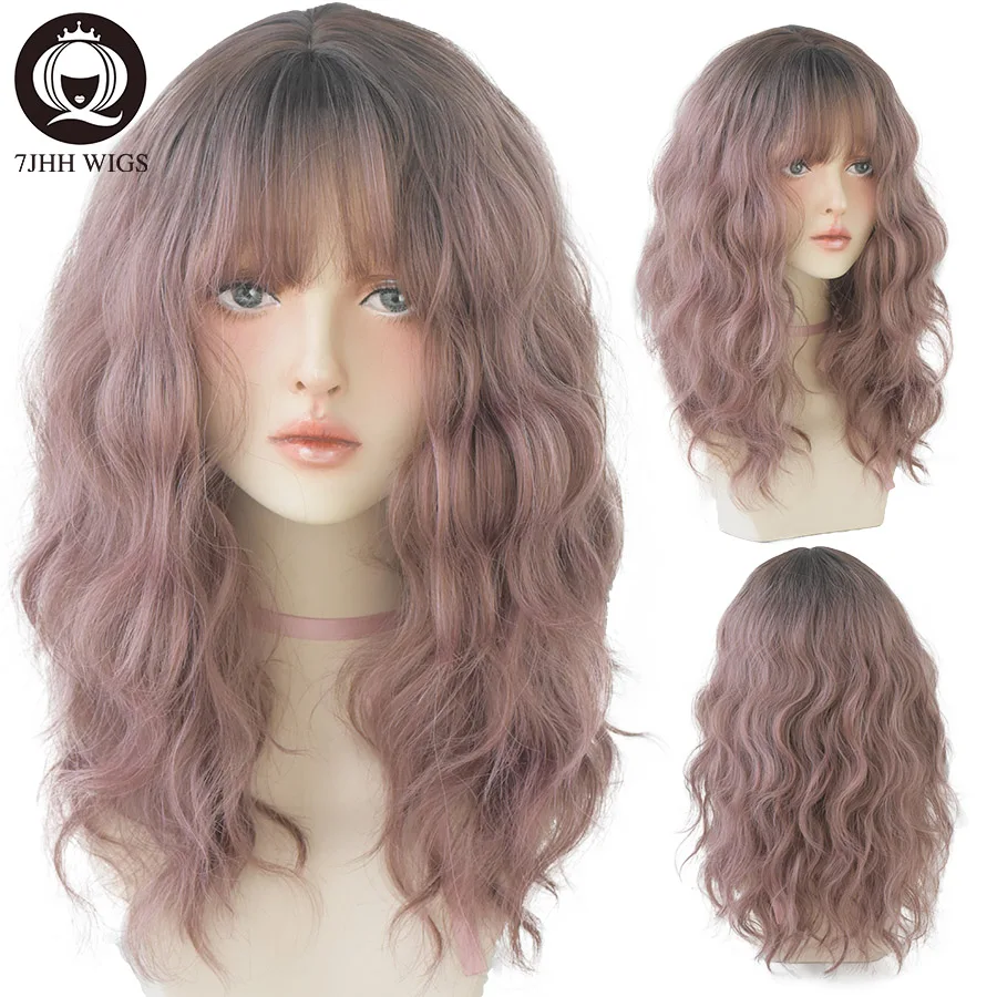 7JHH WIGS Blue Deep Wave Wig With Bangs For Women Long Omber Brown Hair Layered Heat Resistant Cosplay Party Synthetic Wig
