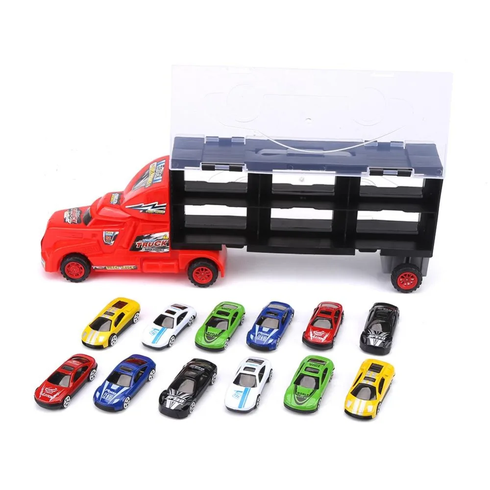

Portable Plastic Carrier Truck Model + 12 Alloy Car Toys Boys Kids Christmas Gifts Transport Car Carrier Truck Toy for Boys Car