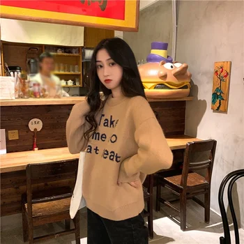 

Pullover Sweater Women Winter Loose Sweaters Letter Embroidery Long Sleeve Knit Sweater Female