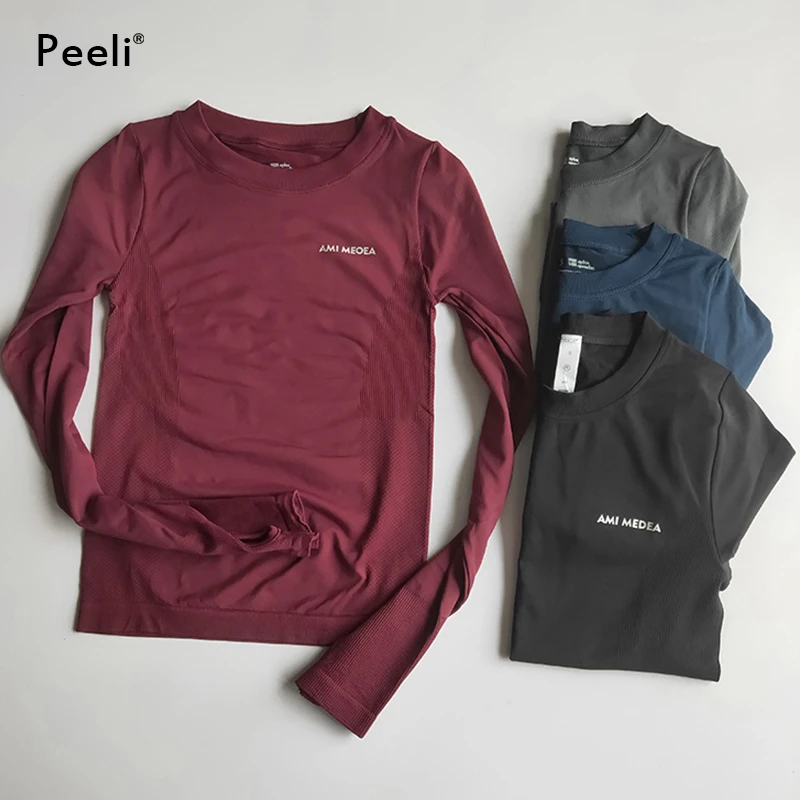 Рубашки для йоги с длинным рукавом Peeli, спортивный топ, топ для фитнеса, йоги, топ для спортзала, спортивная одежда для женщин, футболка для бега