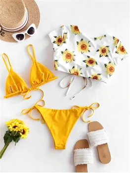 Lace up bandage sunflower bikini push up string micro bikini set bathers bathing suit swimwear