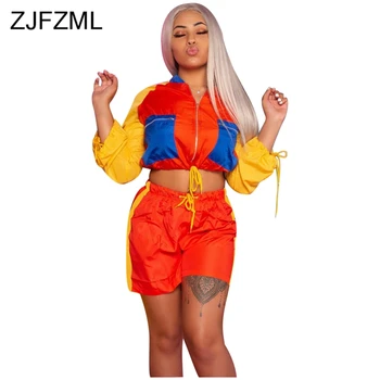 

Contrast Color Sexy 2 Piece Set Women Long Sleeve Pockets Cropped Zipper Jacket and High Waist Shorts Causal Tracksuit