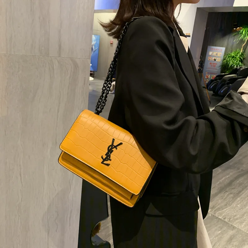

2020 New Solid Color and Simple shi tou wen Chain Square Sling Bag Girls Texture Western Style Single-Shoulder Crossbody Bag
