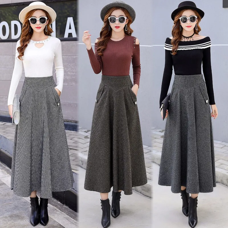 

Woolen Skirt Mid-length Slimming High-waisted Plaid Swinging Skirt Large Size Thick A- line Full Skirt