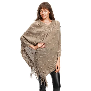 

2020 Spring new Women's V-neck Wave Pattern Fringe Stitching Irregular Top Poncho Cape Casual Loose Tassel Ponchos Coat
