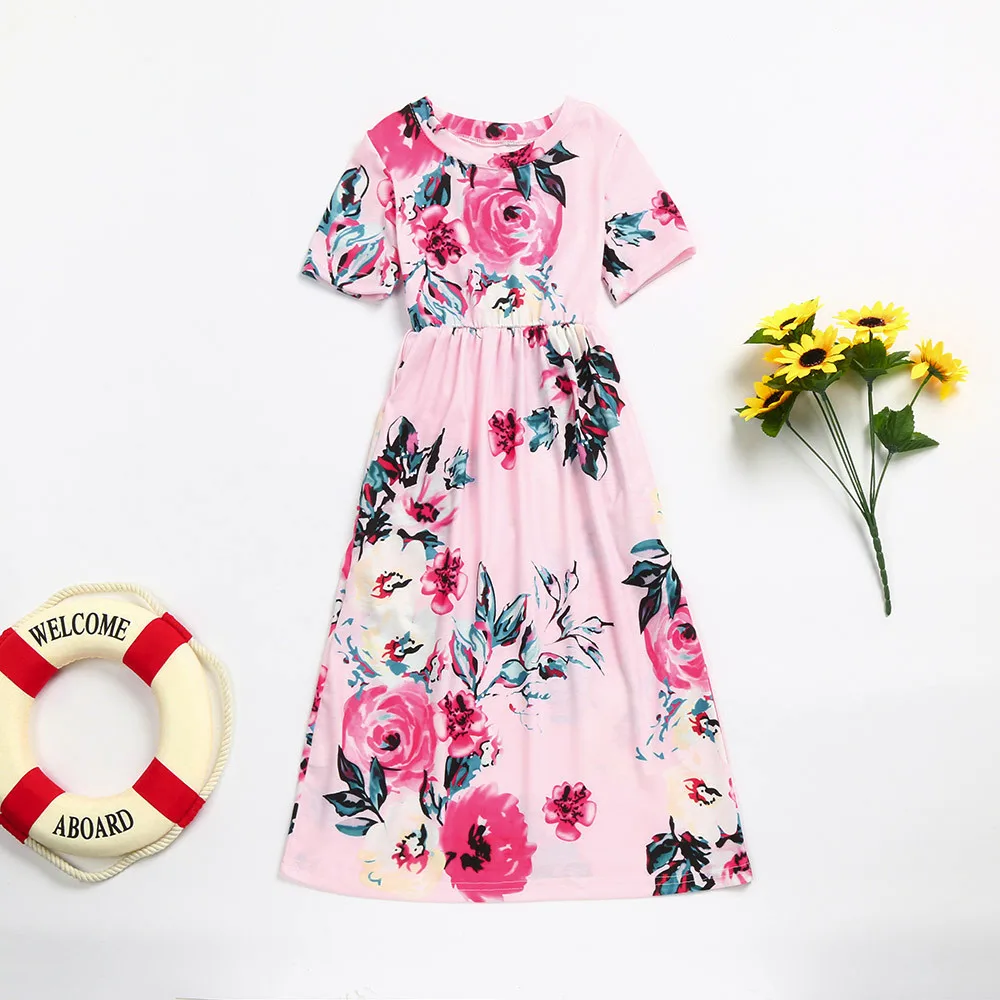 1-10Yrs Summer Baby Girls Bohemian Long Printing Birthday Party Maxi Dress with Pocket Floral Casual Children Girls Beach Dress