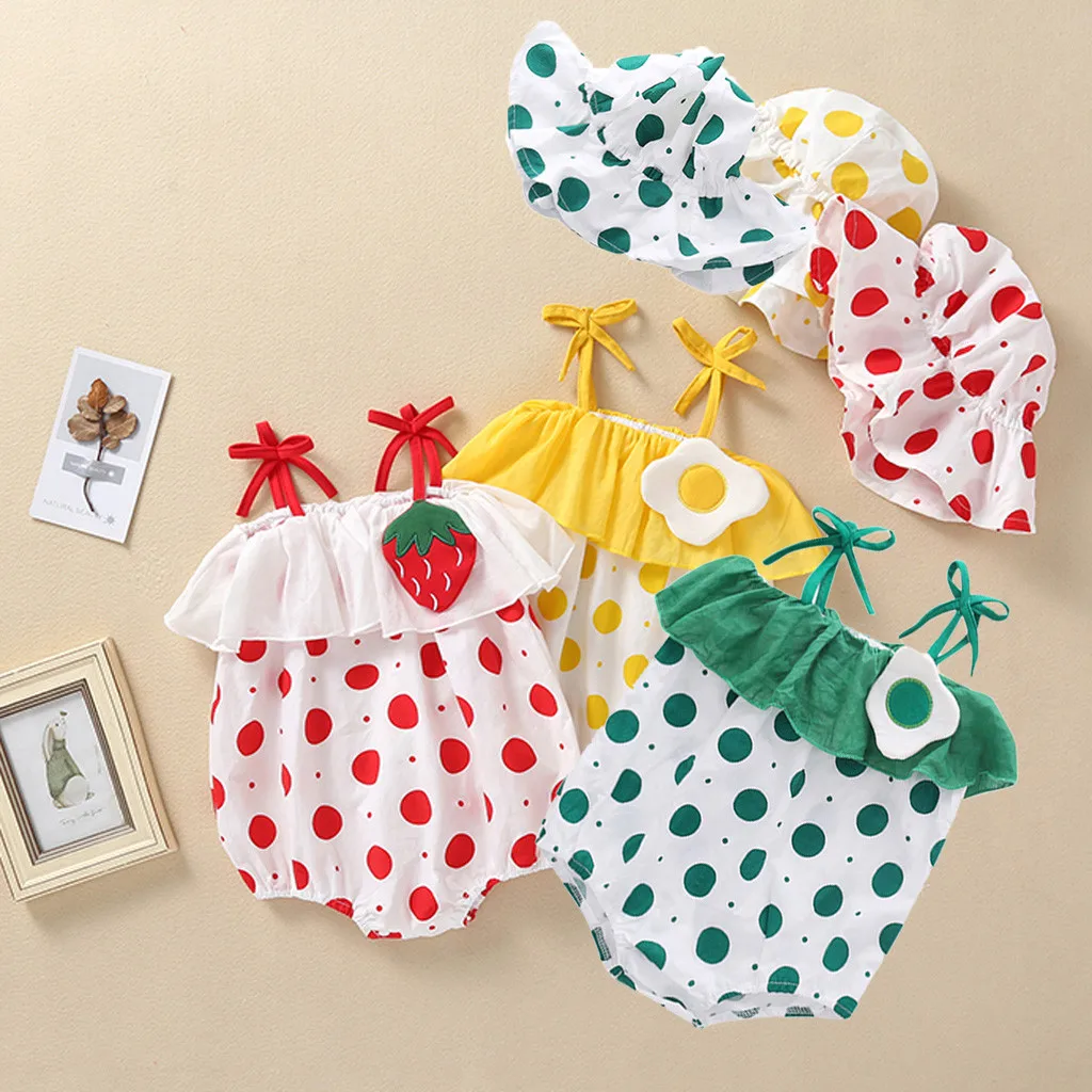 

Newborn Infant Baby Girls Straps Ruffled Dot Print Romper Sunsuit Hat