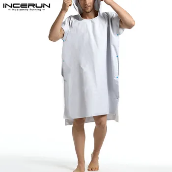 

Leisure Men Hooded Bathrobes Short Sleeve Quick Dry Beach Robes Solid Color Buttons Nightgown Mens Loose Homewear INCERUN S-5XL