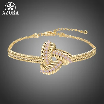

AZORA New Design Three Leaves End to End Bracelet for Elegant Girls Dating with Shining Pink Cubic Zircon Fashion Jewelry TS0211