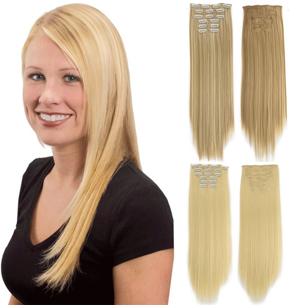 Long straight synthetic blonde hair extensions 16 clips 6Pcs/set high temperature fiber black brown natural hairpiece