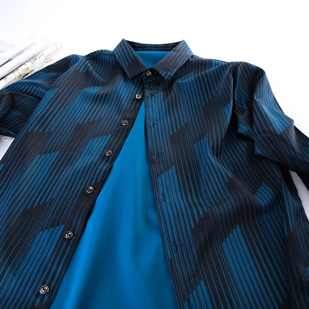 Long Sleeve Men Social Shirt Streetwear Casual Striped Shirts Dress Mens Slim Regular Fit Clothes Fashions 1302