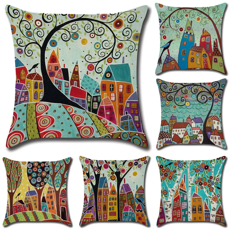 

SJ 45*45cm European Hand-painted Tree Square Flower Pillowcases Vintage Decorative Pillows Case Throw Pillow Covers Polyester