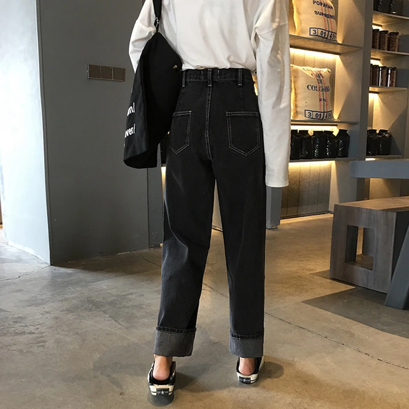 Джинсы с высокой талией, обтягивающие, свободные, moda feminina, женская одежда, с карманами, широкие штаны на пуговицах, корейский стиль, Весенняя Новинка