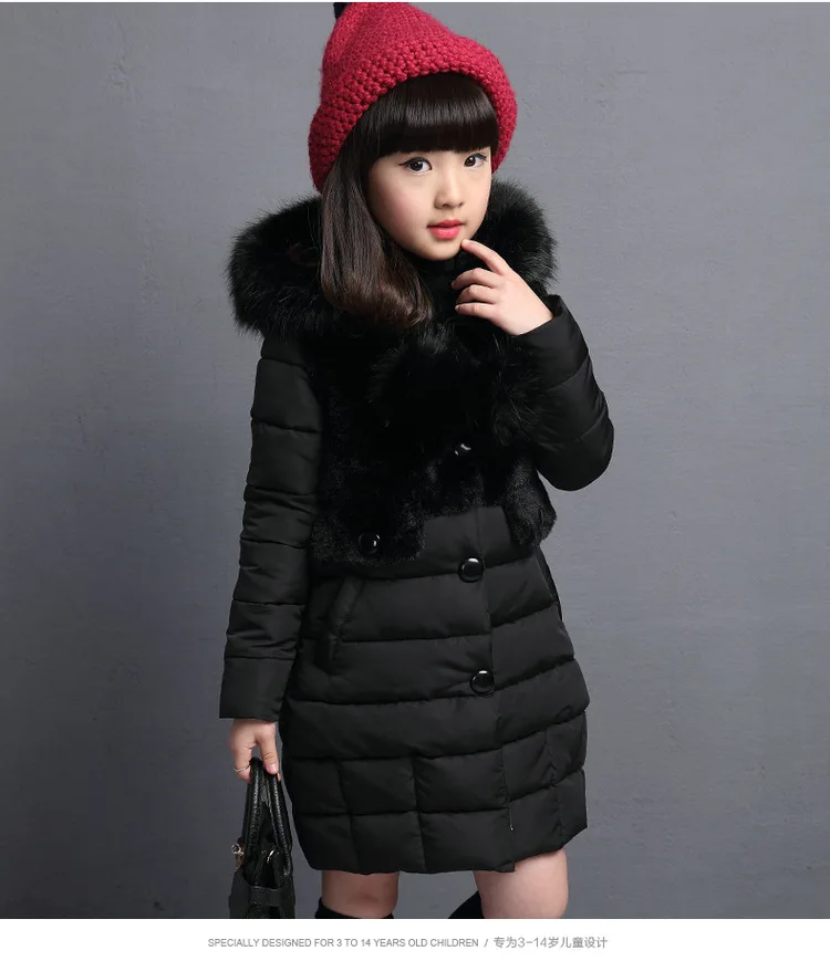 Теплое зимнее пальто для девочек с искусственным мехом; модная длинная Детская куртка с капюшоном; пальто для девочек; Верхняя одежда; Одежда для девочек; От 4 до 12 лет