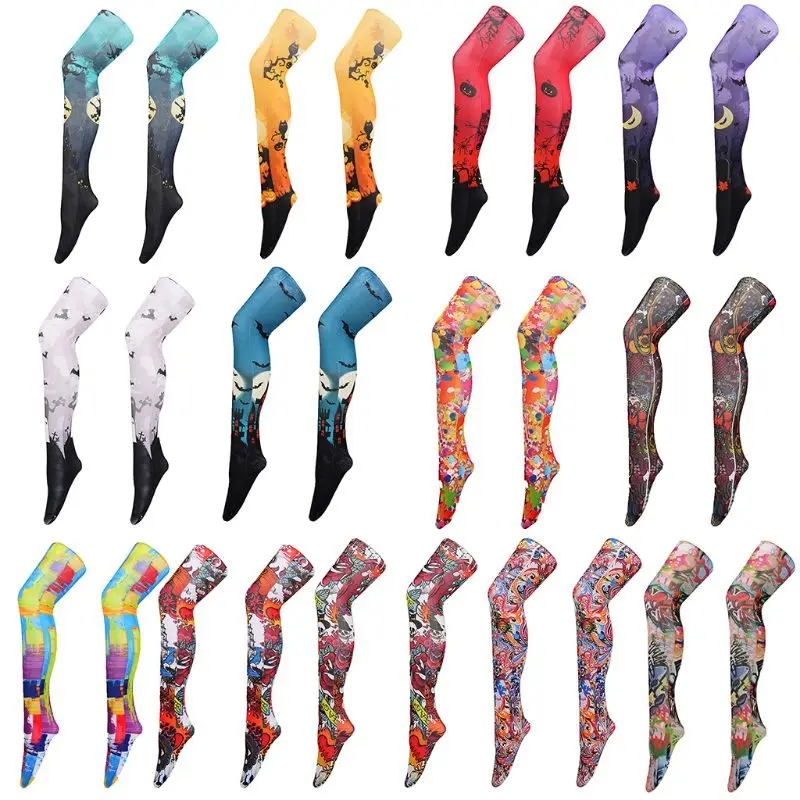 

Women Halloween Spider Bat Haunted House Printed Thigh High Long Socks Stockings