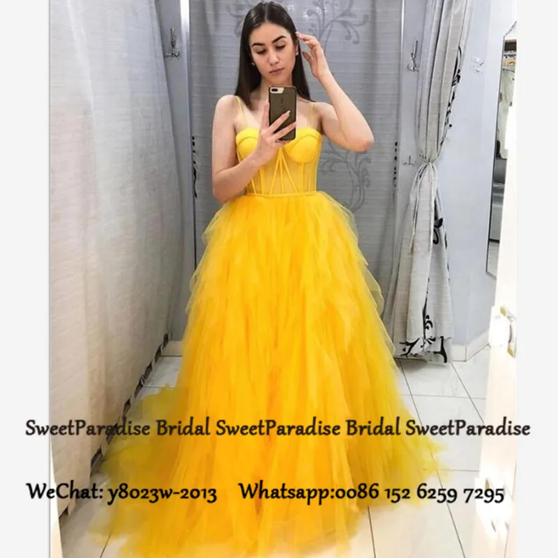 

Gold Yellow Tulle Quinceanera Dresses 2020 Tiered A Line Long Sweep Train Sweet 16 Prom Dress Pageant Vestidos De 15 Anos