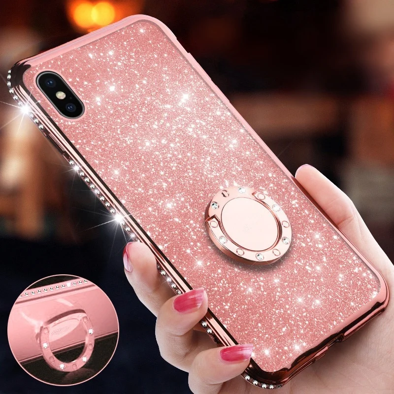 

Shiny Magnetic Glitter 360 Finger Ring Case For iPhone 11 11Pro 11ProMax XS Max XR 7 8Plus 6SPlus 6S 6 Bling Diamond Back Cover