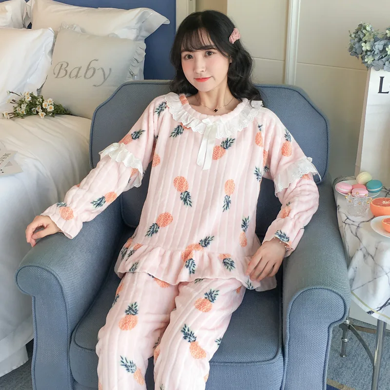 

Pajamas Women's Autumn And Winter Flannel Lace Long Sleeve Peter Pan Collar Palace Style Tracksuit Winter Sweet Princess Style