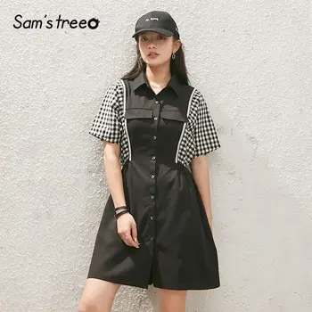 

SAM'S TREE Black Plaid Tape Patchwork Casual Women Shirt Dresses 2020 Summer New Single Button Korean Ladies Daily Work Dress