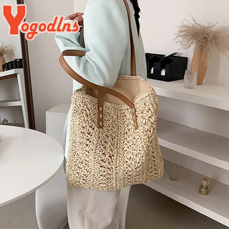 Yogodlns Summer Hollow Out Straw Bag Women Large Capacity Shoulder Bag Handmade Weave Totes Bag Travel Beach Bag Shopping Pouch