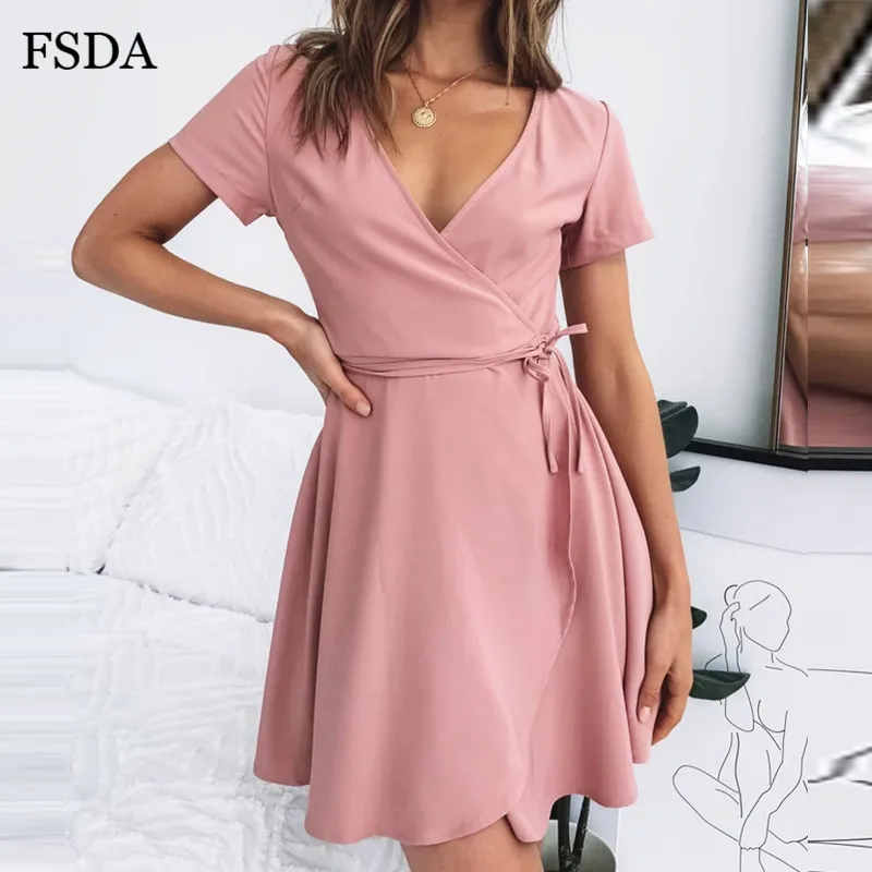 

FSDA V Neck Sashes Wrap Dress Pink Short Sleeve Summer Mini A Line Casual Women Elegant Lace Up Beach Lady Dresses