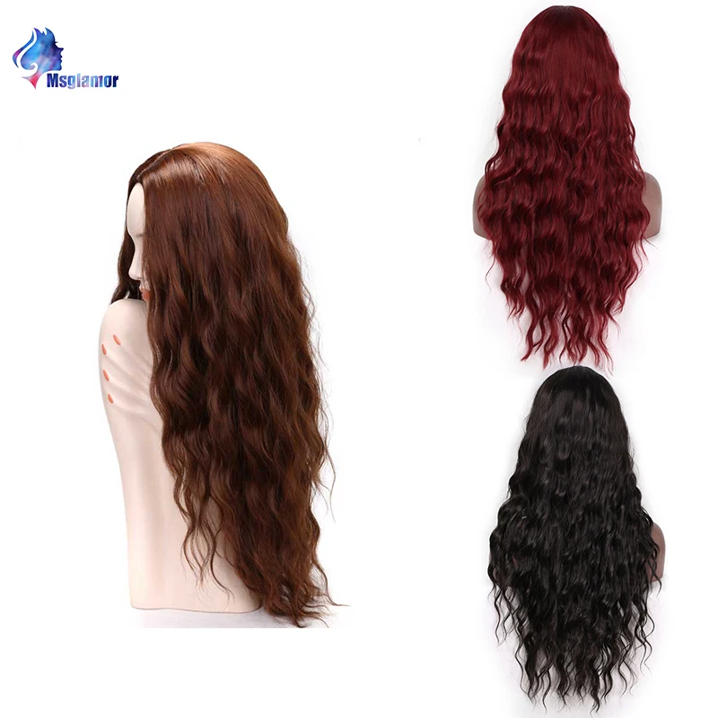

Middle Part Brown Synthetic Wigs Long Natural Wavy Wig For Balck Women Heat Resistant Weave Cosplay Lolita Wig Red Msglamor