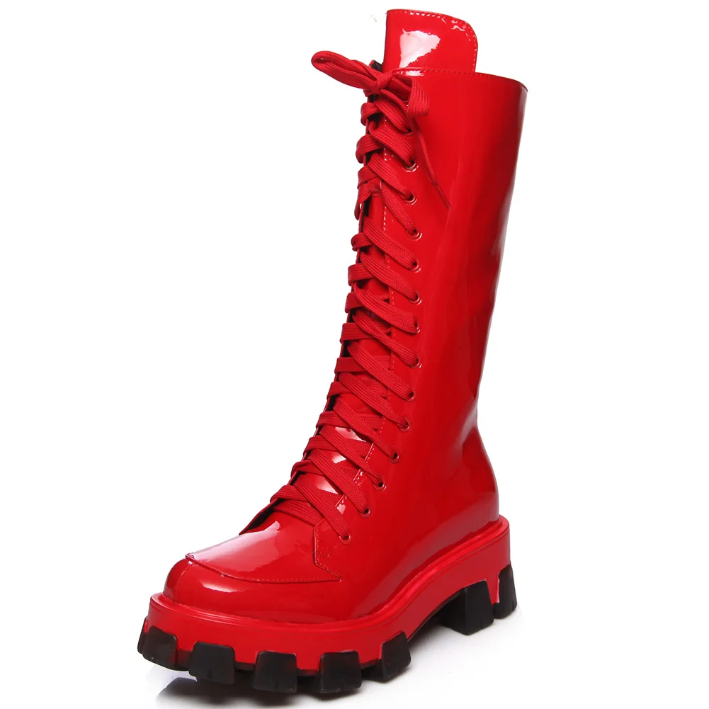 Doratasia/Новинка года; Дизайнерская обувь из натуральной коровьей кожи; цвет черный, розовый; женские ботинки на платформе с молнией; женская обувь - Цвет: Красный