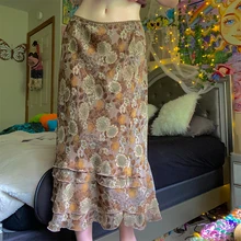 

Chic Women’s Elegant Vintage Multi-layer Long Skirt Ladies Casual Floral Printing Stitching High Waist A-line Skirts