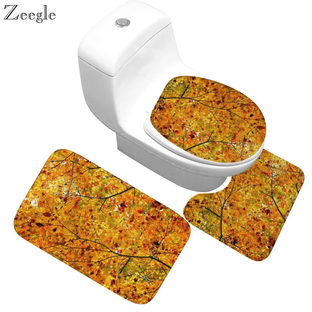 Zeegle Leaves 3Pcs Bathroom Mat Modern Printed Bath Mat Non Slip Bathroom Carpet Water Absorption Toilet Rug Cover Toilet Rug