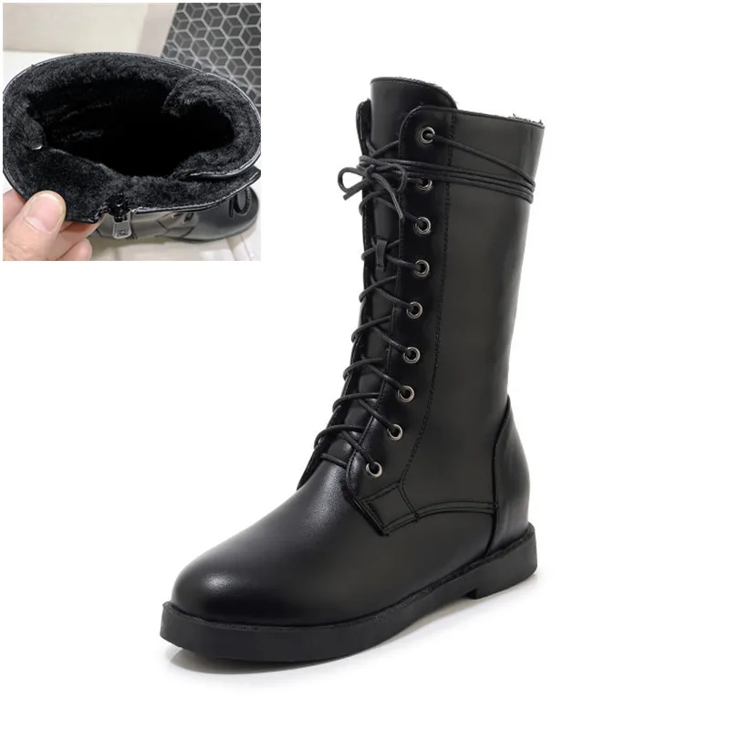 Black Winter PXELENA женские ботинки до середины икры со скрытым каблуком на шнуровке в стиле панк-рок, готика, военные ботинки в байкерском стиле, Байкерская обувь размера плюс - Цвет: Black Winter