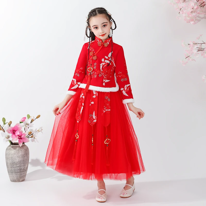 

Fall / winter 2020 Plush 2-piece set of Tang nationality Hanfu little girl red children's suit children's skirt