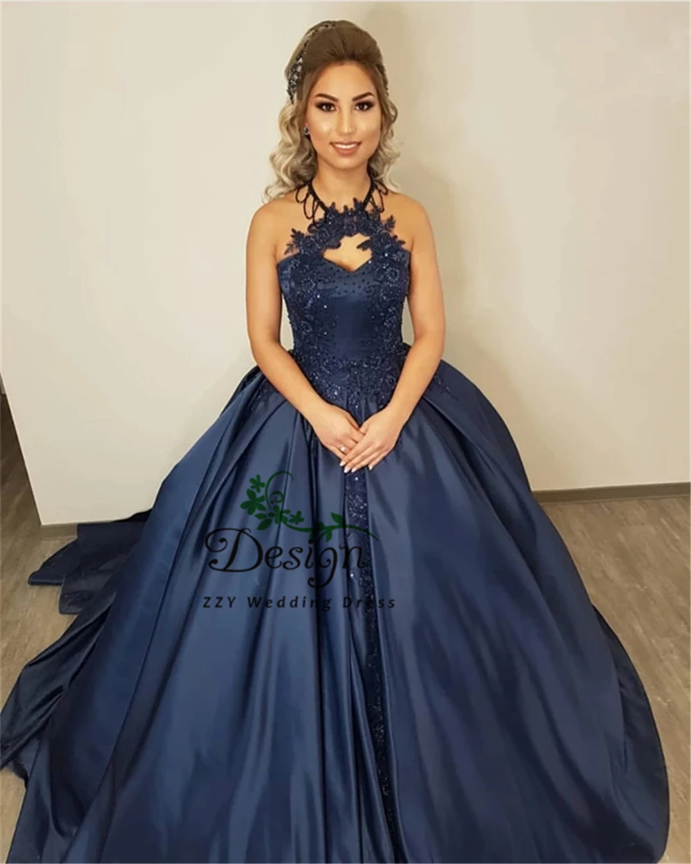 Vestidos De 15 Anos пышные платья Холтер Темно-Синий Атлас со шлейфом на шнуровке ампир аппликации платья Vestidos De 15