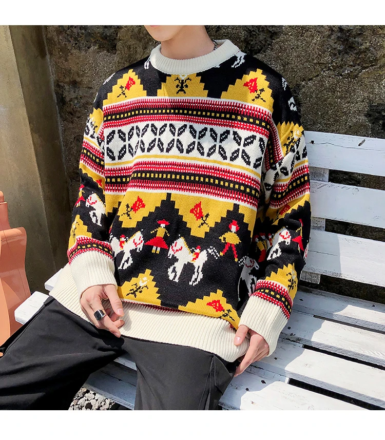 Winter Men's Red Blue Yellow Color Loose Pullover Round Neck Printing Knitting Keep Warm Man Sweater High-quality Coat M-2XL