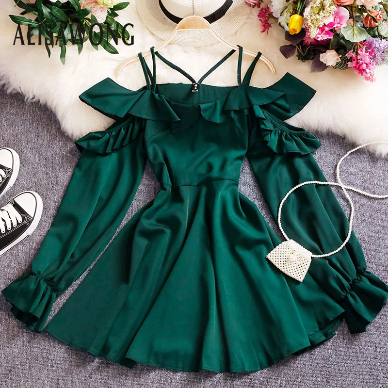 

Spring 2020 Fahsion Women Sexy Off The Shoulder Hollowing Out Strapless Dress Ladies Puff Sleeve Spaghetti Strap Slim Dresses