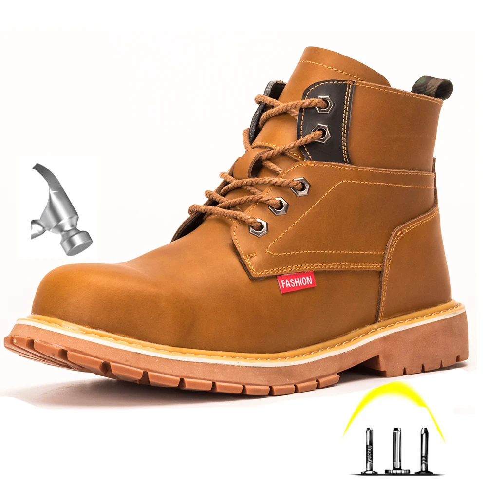 

Men's Fashion Genuine Leather Steel Toe Anti Smashing Protective Work Shoes Men Puncture Proof Safety Boots Shoes