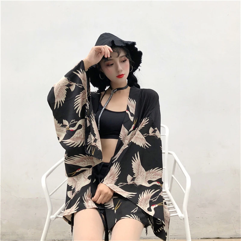 Японское кимоно Haori Yukata рубашка Женский солнцезащитный модульный кардиган кран принт Ретро традиционный шикарный пляжный костюм летняя мода