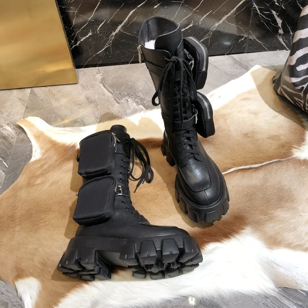 JINTOHO; Новинка года; ботинки в байкерском стиле с карманами; красивая обувь в стиле милитари на толстой подошве со шнуровкой; Цвет Черный; полуботинки