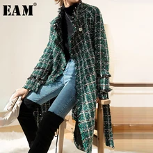 [EAM] свободное, зеленое, в клетку, твидовое, с разрезом, большой размер, шерстяное пальто, парки, новинка, длинный рукав, женская мода, Осень-зима, 1M488