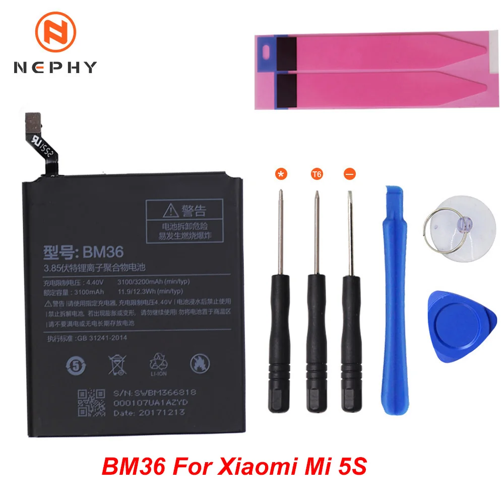 Nephy аккумулятор для телефона BN31 BN36 BM36 BM49 BM50 для Xiaomi mi A1 A2 5X 5S 6X Max 2 Red mi S2 Примечание 5A Pro инструменты для ремонта - Цвет: BM36 For Mi 5S