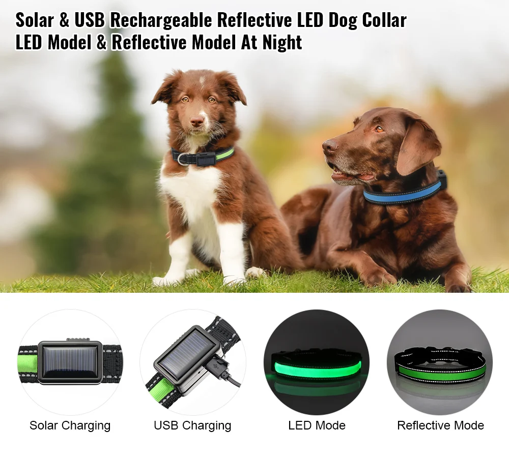 Солнечный и USB Перезаряжаемый светодиодный ошейник для собак нейлоновый Светоотражающий ошейник для собак