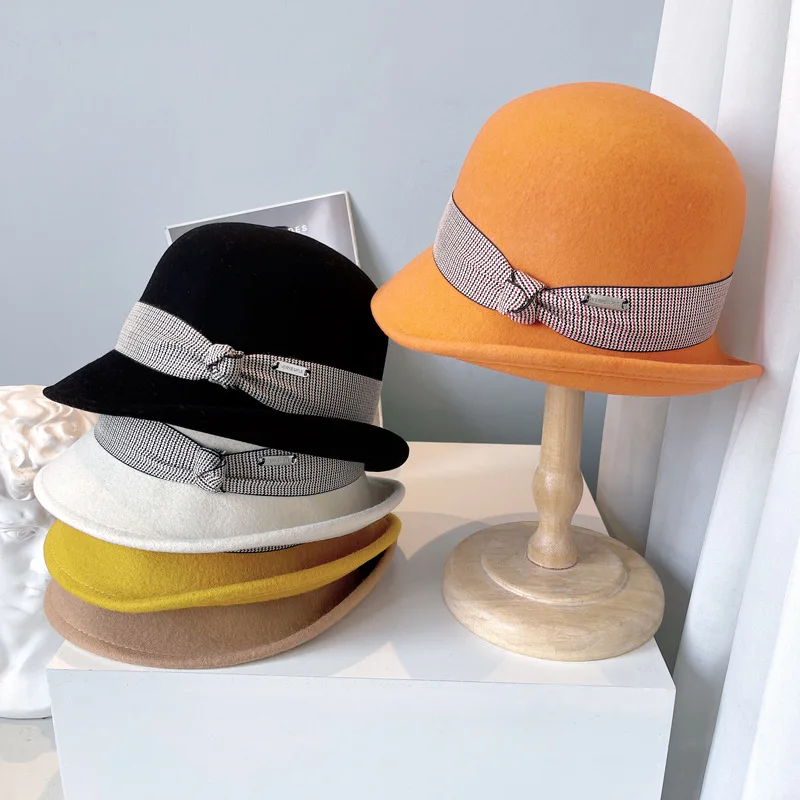 

New Designer Custom Elegant Top Hats For Women Caps Lattice Ribbon Decoration Fisherman Quality Wool Basin Hat Hmong Hat Cape
