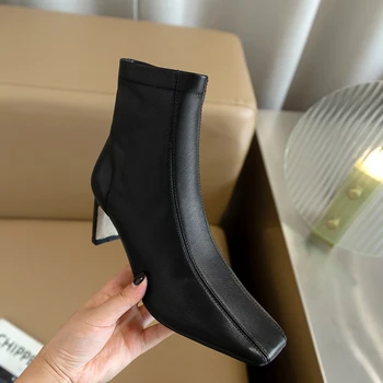 

Genuine Leather High Heels ladies ankle boots Classic Design square Toe Handmade Shoes For Women Wedding dress Shoes Woman
