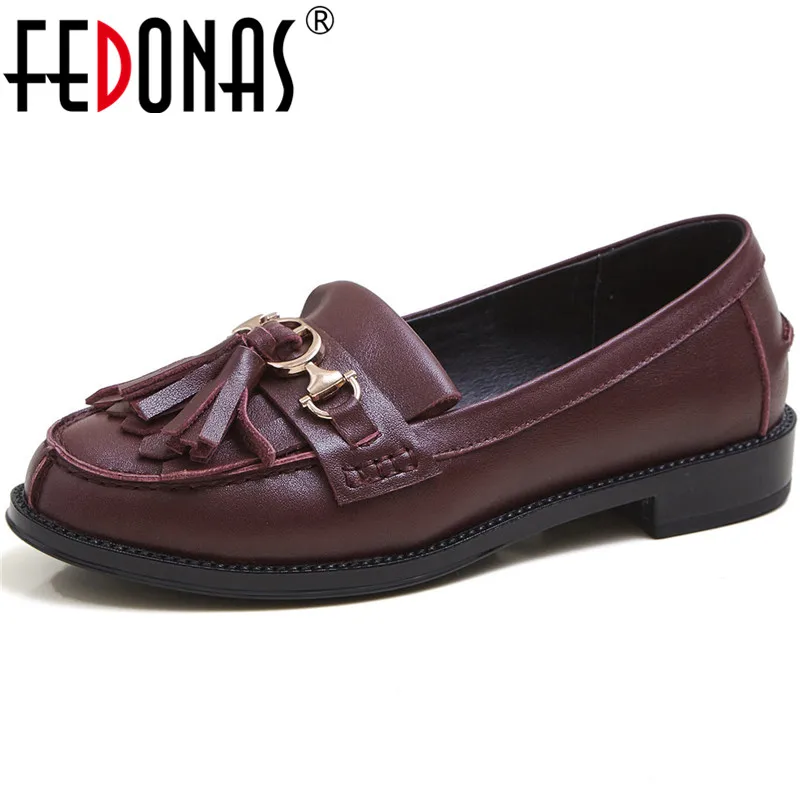 

FEDONAS Tassel Shallow Round Toe Women Shoes Elegant Genuine Leather Chunky Heels Pumps 2020 Spring Summer Party Shoes Woman