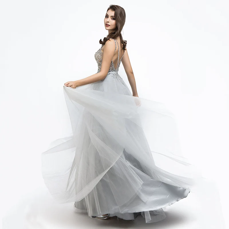 Роскошные бисероплетенные Длинные вечерние сексуальные платья с открытой спиной топ из тонкой кисеи Тюль серый Формальные платья невесты банкетное платье L5472