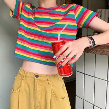 

Women's T-shirts Tops Japanese Kawaii Ulzzang Casual Vintage Rainbow Striped T-shirt Female Korean Harajuku Clothes For Women