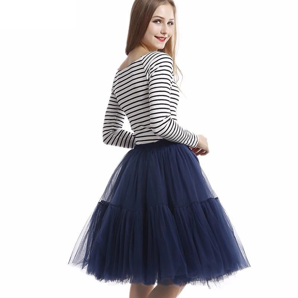 navy blue 10 цветов, свадебная юбка, 5 слоев, 60 см, юбка-пачка, винтажные плиссированные юбки миди, для женщин, Лолита, подружки невесты, тюлевые юбки, вечерние - Цвет: navy blue